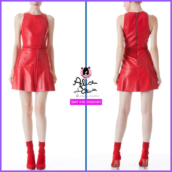 Alice + Olivia Leandra Red Vegan Leather Tie Waist Mini Dress - Picture 4 of 16